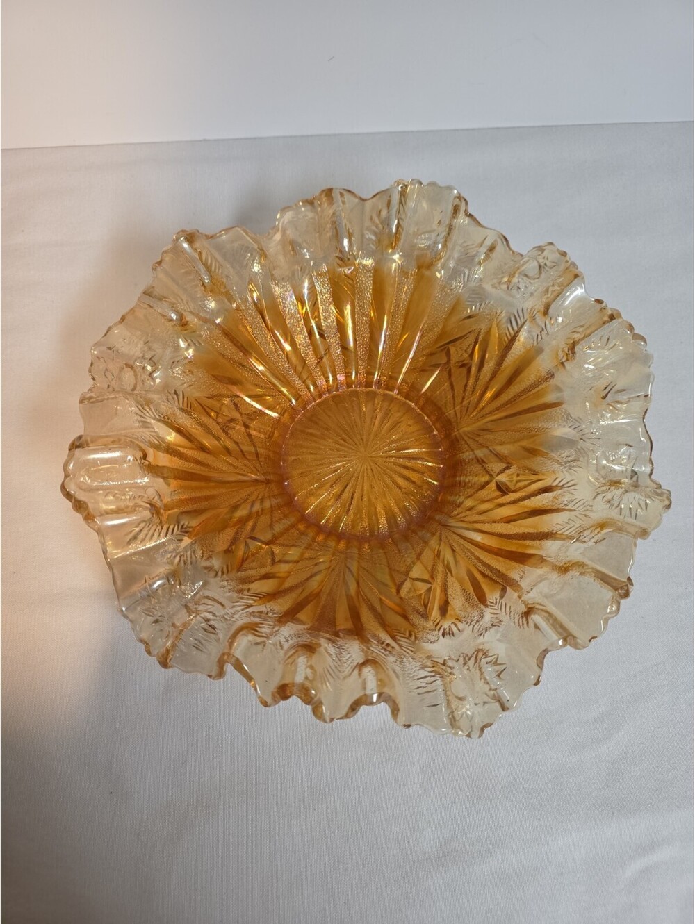 Antique Millersburg Carnival Glass Rays & Ribbons 9" Ruffled Bowl Marigold...